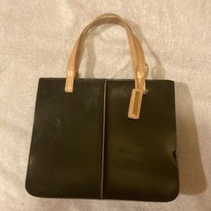 Guess Black Patent Purse with Tan Leather Handles and Accents